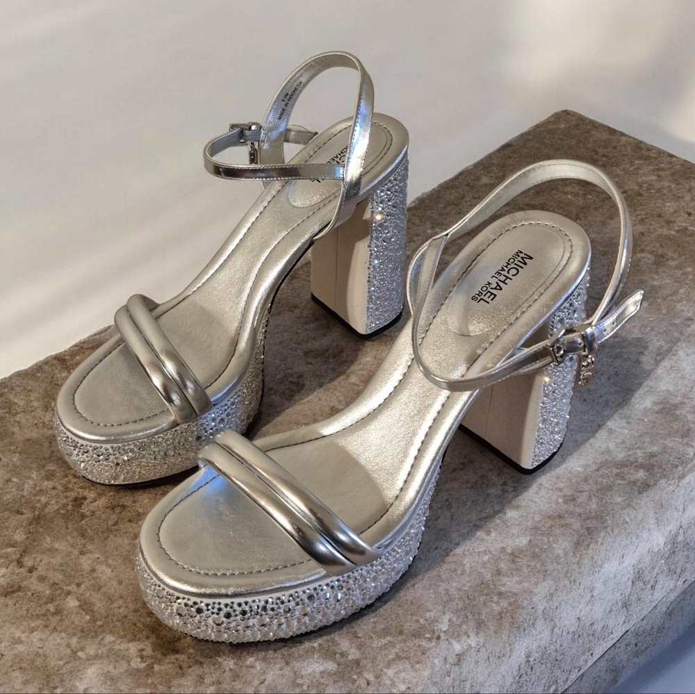 MICHAEL Michael Kors Laci Embellished Metallic Leather Platform Sandal 9.5M NIB